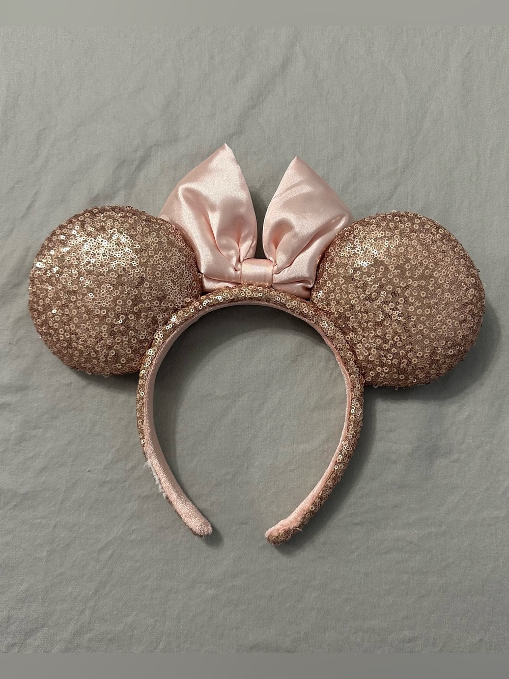 Official Disney Parks Rose Gold Sequin Minnie Mouse Ears Headband Pink Satin Bow